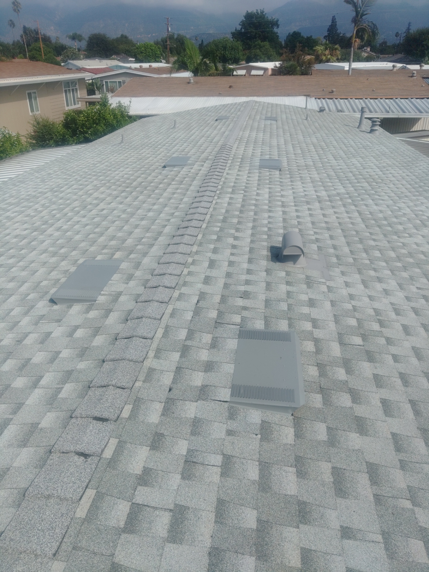 Grey composition shingle roof with ridge vents installed by Savely Roofing